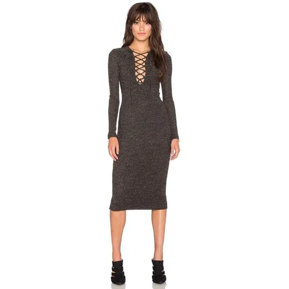 Bardot Romeo Lace Up Dress in Black Gold Metallic Midi Long Sleeve Size Small - Picture 1 of 9